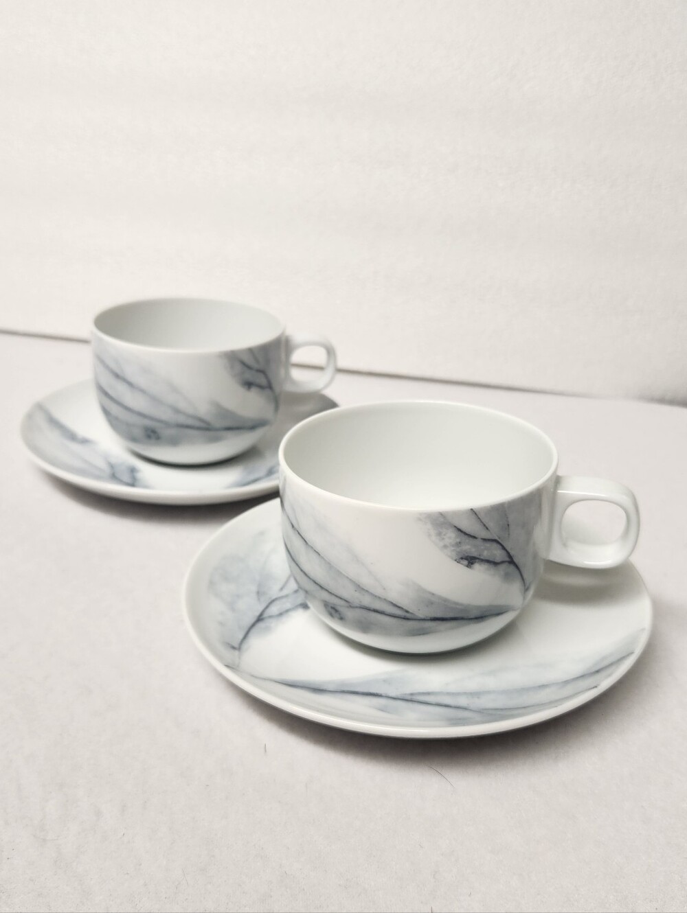Rosenthal Moon Light Two Gray Leaves White Porcelain Tea Cups Saucers Set 2 MCM